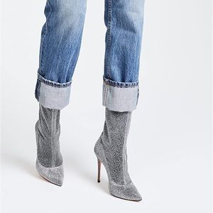 Schutz Mislane Metallic Pointed Toe Sock Boot Fitted Pump Black/Silver Size 9